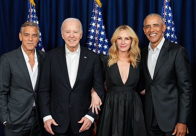 Roberts je kroz povijest glasno govorila o svojoj demokratskoj politici, nakon što je prethodno podržala Baracka Obamu i Joea Bidena za predsjednika; (LR) George Clooney, predsjednik Biden, Julia i bivši predsjednik Barack Obama snimljeni u lipnju 2024.