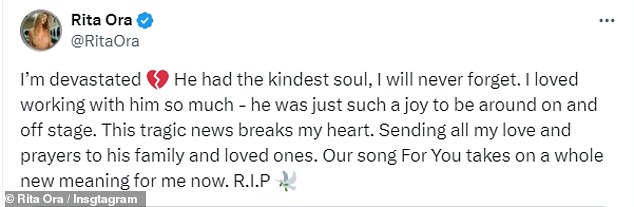 Following news of his death Rita said: 'He had the kindest soul, I will never forget. I loved working with him so much - he was just such a joy to be around on and off stage'