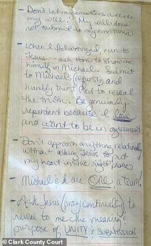 Lenz's filings included a creepy note that claimed Michael Jr. wrote a list of biblical demands she had to follow in her daily life