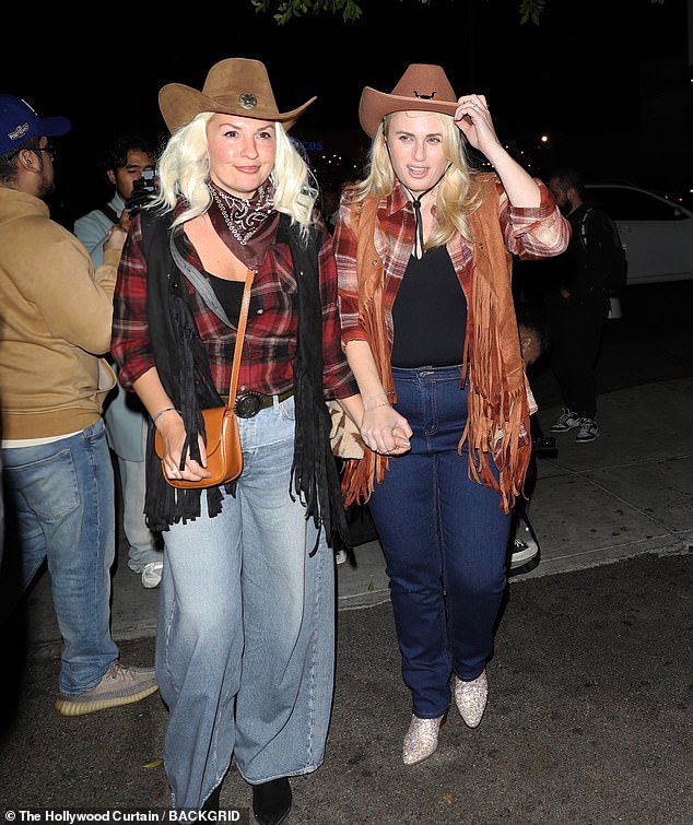 Rebel Wilson channelled her inner cowgirl in a fun Western-inspired look as she headed to the party with her wife Ramona Agruma