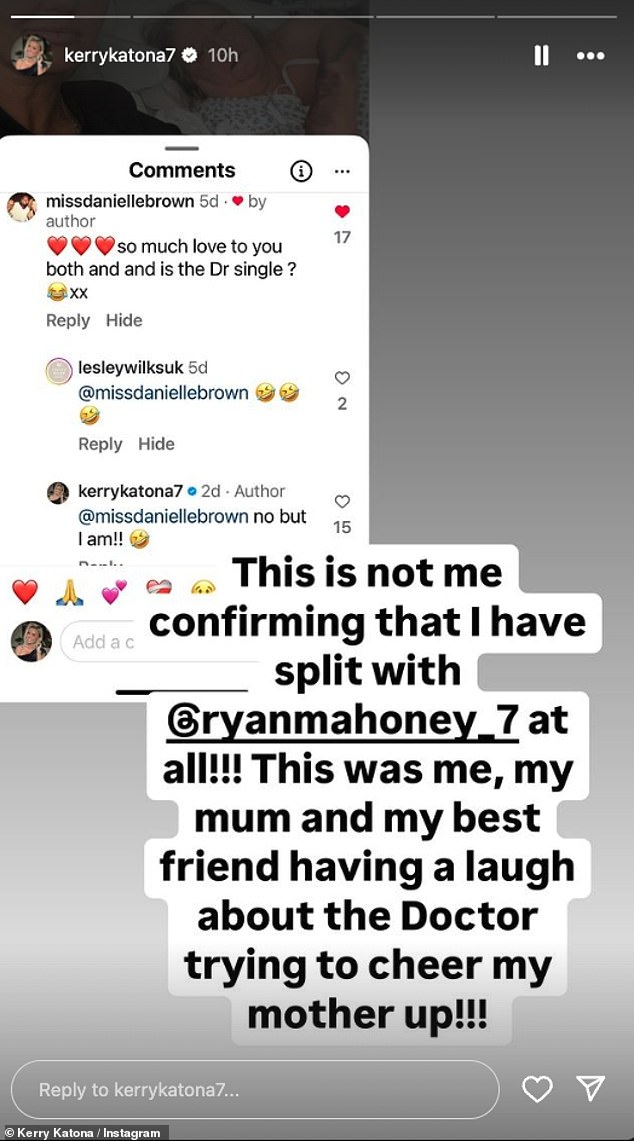 Alongside a screen grab of her initial comment she wrote: 'This is not me conforming I have split with @Ryanmajoney at all!!!,'
