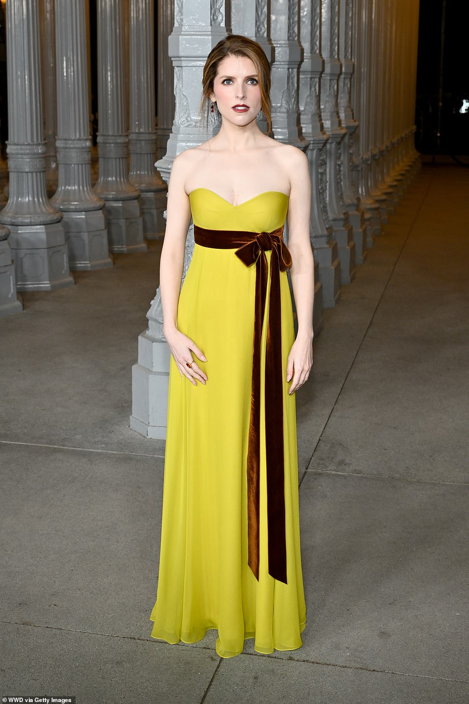 Anna Kendrick, 39, looked elegant in a bright yellow, strapless gown with a brown, velvet ribbon tied in a bow around her waist. The Pitch Perfect actress pinned back her brunette hair into a chic updo and rocked a deep, red lip