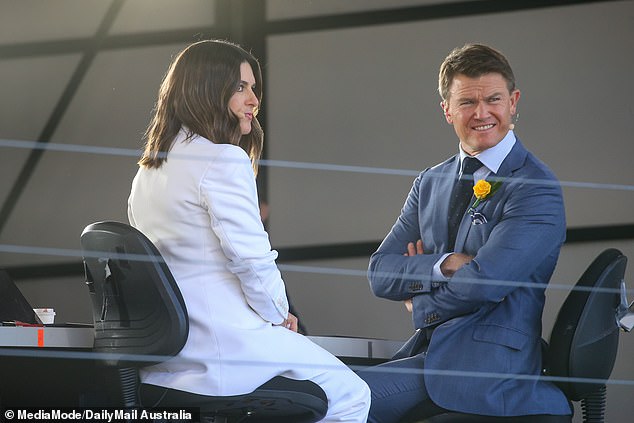 The Melbourne Cup is being broadcast live on Channel Nine and Sarah Abo and Alex Cullen were spotted backstage preparing for filming ahead of the big event