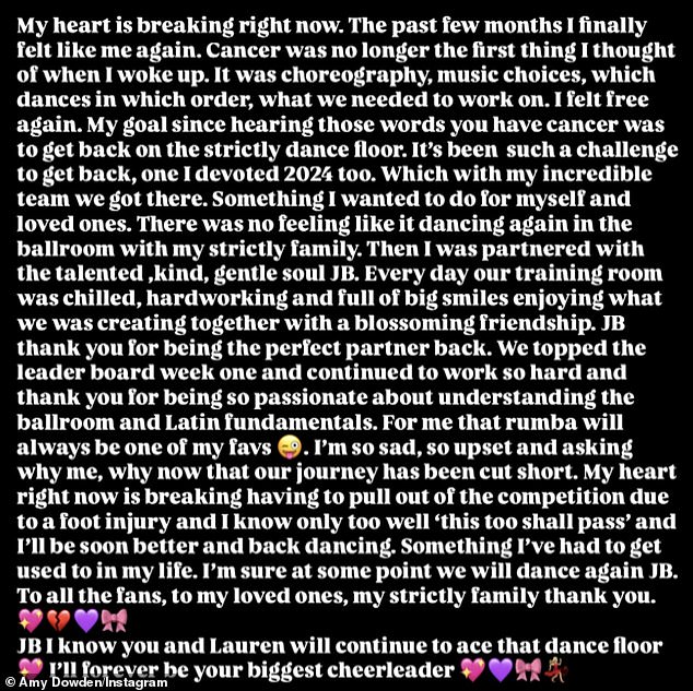 Taking to Instagram she wrote: 'My heart is breaking right now. The past few months I finally felt like me again. Cancer was no longer the first thing I thought of when I woke up.