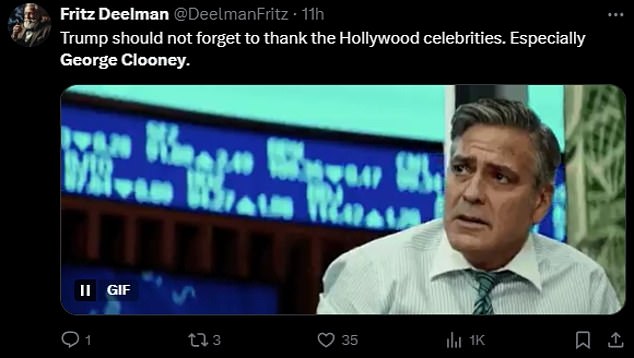 One X user penned, 'Trump should not forget to thank the Hollywood celebrities. Especially George Clooney'