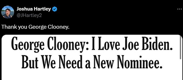 Journalist Joshua Hartley uploaded a screenshot of Clooney's op-ed piece and added, 'Thank you George Clooney'