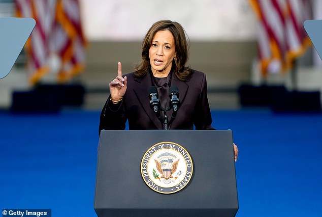 He also first threw his support behind Harris in July - only two weeks after he said it was time to move on from Biden in the scathing article for the New York Times; Harris seen on Wednesday in Washington D.C.