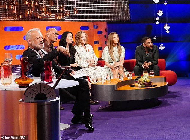 Before thanking him once more for his kind words with a big hug (L-R) Graham Norton, Dwayne Johnson, Lucy Liu, Kate Winslet, Jennifer Lopez and Jharrel Jerome