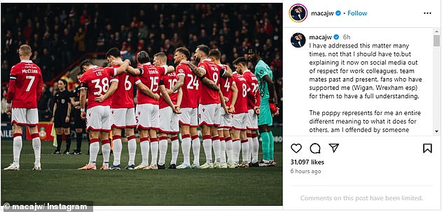 35-godišnjak je jutros objavio izjavu na svom Instagram računu nakon što se ponovno pojavio snimak na kojem kapetan irskog Wrexhama uspoređuje britanske vojnike s 'teroristima'