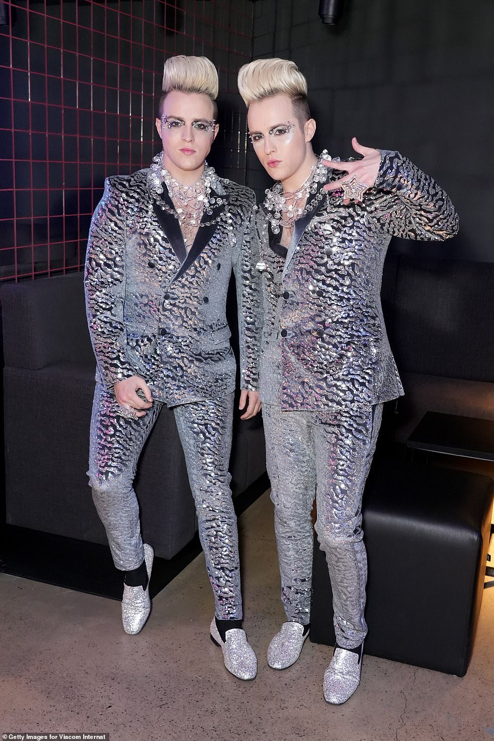 Edward and John Grimes of Jedward wore matching glitzy suits