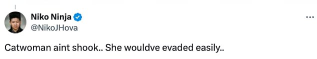 Drugi su spomenuli njezinu ulogu Catwoman u filmu The Dark Knight Rises iz 2012., 'Catwoman aint shook.. She would've escape easily..'