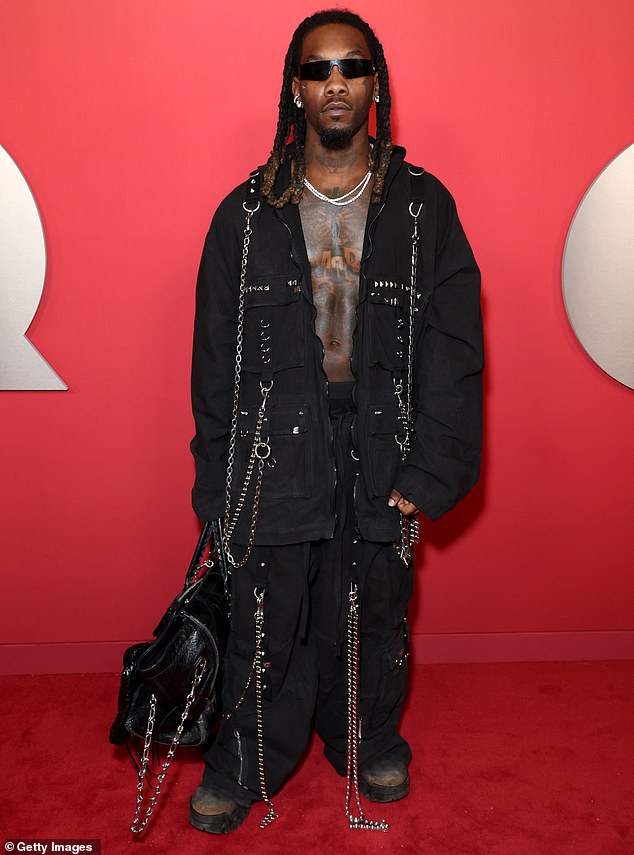 Offset - who was recently involved in a brawl in Paris - was edgy in a black jacket and matching trousers that had silver-chained embellishments.