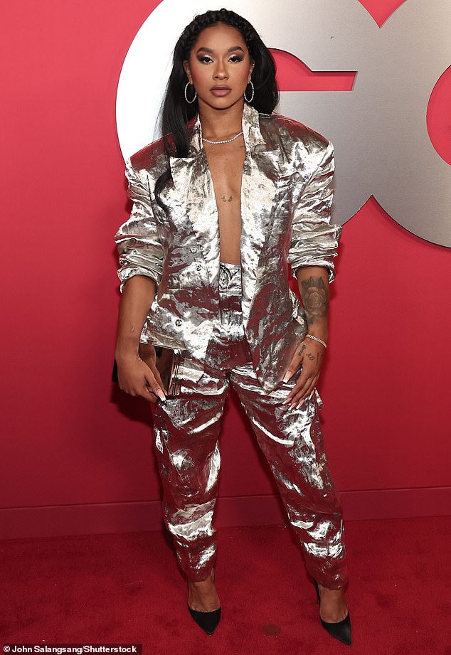 Gymnast Jordan Chiles wowed in a unique outfit that comprised of a shiny, silver blazer and a pair of matching trousers