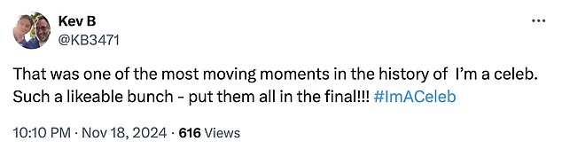 Fans dubbed the 'emotional' moment the 'most moving in I'm A Celeb history' as all the campmates broke down in floods of tears while supporting Barry