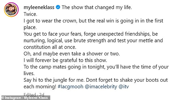 The Loose Woomen panellist took to Instagram on Monday to reflect on her time in the jungle in 2006 - including that iconic shower scene