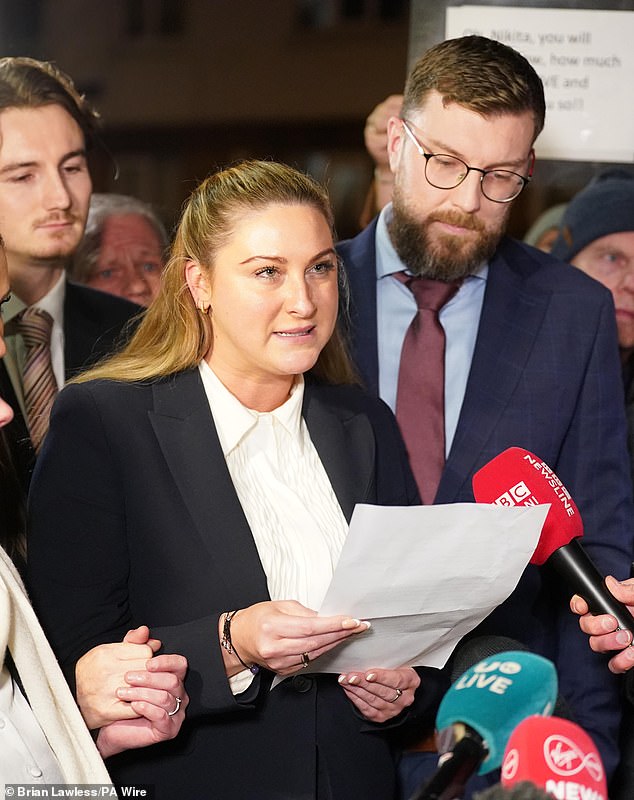Nikita Hand speaking to the media outside the court upon hearing the verdict in her civil case. Pictured: With boyfriend, right