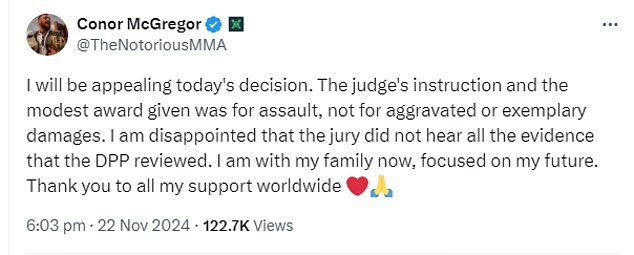 McGregor has since vowed to appeal the decision - saying he was 'disappointed' and 'focused on my future'