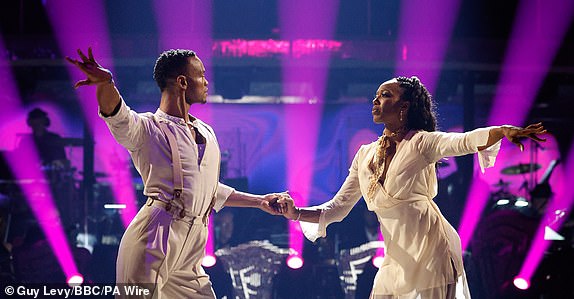 For use in UK, Ireland or Benelux countries only BBC handout photo of Montell Douglas and Johannes Radebe, during the live show of Saturday's Strictly Come Dancing show on BBC1. Picture date: Saturday November 30, 2024. PA Photo. See PA story SHOWBIZ Strictly. Photo credit should read: Guy Levy/BBC/PA WireNOTE TO EDITORS: Not for use more than 21 days after issue. You may use this picture without charge only for the purpose of publicising or reporting on current BBC programming, personnel or other BBC output or activity within 21 days of issue. Any use after that time MUST be cleared through BBC Picture Publicity. Please credit the image to the BBC and any named photographer or independent programme maker, as described in the caption.