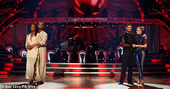 EMBARGOED TO 2000 SUNDAY DECEMBER 1For use in UK, Ireland or Benelux countries only BBC handout photo of Montell Douglas and Johannes Radebe (left) and Tasha Ghouri and Aljaz Skorjanec before Montell became the became the latest celebrity to be eliminated from BBC1's Strictly Come Dancing. Issue date: Sunday December 1, 2024. PA Photo. See PA story SHOWBIZ Strictly. Photo credit should read: Guy Levy/PA WireNOTE TO EDITORS: Not for use more than 21 days after issue. You may use this picture without charge only for the purpose of publicising or reporting on current BBC programming, personnel or other BBC output or activity within 21 days of issue. Any use after that time MUST be cleared through BBC Picture Publicity. Please credit the image to the BBC and any named photographer or independent programme maker, as described in the caption.