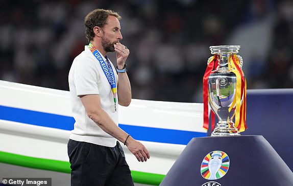 BERLIN, GERMANY - JULY 14: Head Coach Gareth Southgate of England disappointed at the award ceremony after the UEFA EURO 2024 final match between Spain and England at Olympiastadion on July 14, 2024 in Berlin, Germany. (Photo by JÃ¼rgen Fromme - firo sportphoto/Getty Images)