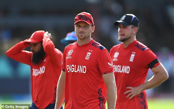 GEORGETOWN, GUYANA - JUNE 27: Jos Buttler of England looks on after his side's defeat in the ICC Men's T20 Cricket World Cup West Indies & USA 2024 Semi-Final match between India and England at Providence Stadium on June 27, 2024 in Georgetown, Guyana. (Photo by Gareth Copley/Getty Images)