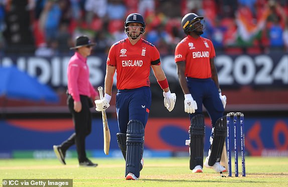 GEORGETOWN, GUYANA - JUNE 27: Liam Livingstone of England reacts as he walks off after being run out during the ICC Men's T20 Cricket World Cup West Indies & USA 2024 Semi-Final match between India and England at Providence Stadium on June 27, 2024 in Georgetown, Guyana. (Photo by Alex Davidson-ICC/ICC via Getty Images)