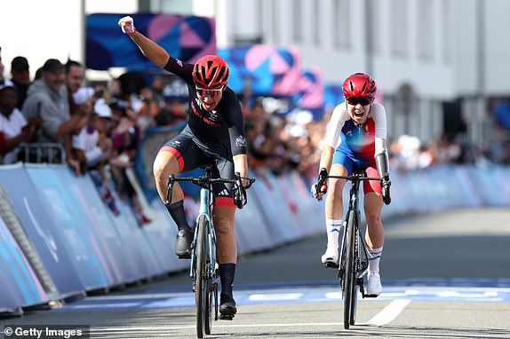 PARIS, FRANCE - SEPTEMBER 06: Sarah Storey of Team Great Britain and Heidi Gaugain of Team France celebrate taking Gold and Silver in the Women's C4-5 Road Race on day nine of the Paris 2024 Summer Paralympic Games at  on September 06, 2024 in Paris, France. (Photo by Michael Steele/Getty Images)