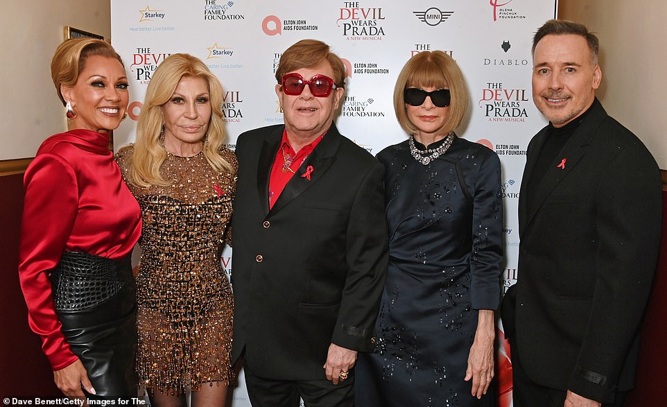 (L-R) Vanessa Williams, Donatella Versace, Sir Elton John, Dame Anna Wintour and David Furnish