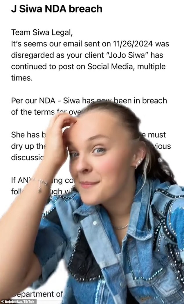 Američka plesačica i pop zvijezda objavila je u ponedjeljak na TikTok-u kako bi podijelila snimku zaslona e-pošte od tvrtke koja tvrdi da je prekršila NDA