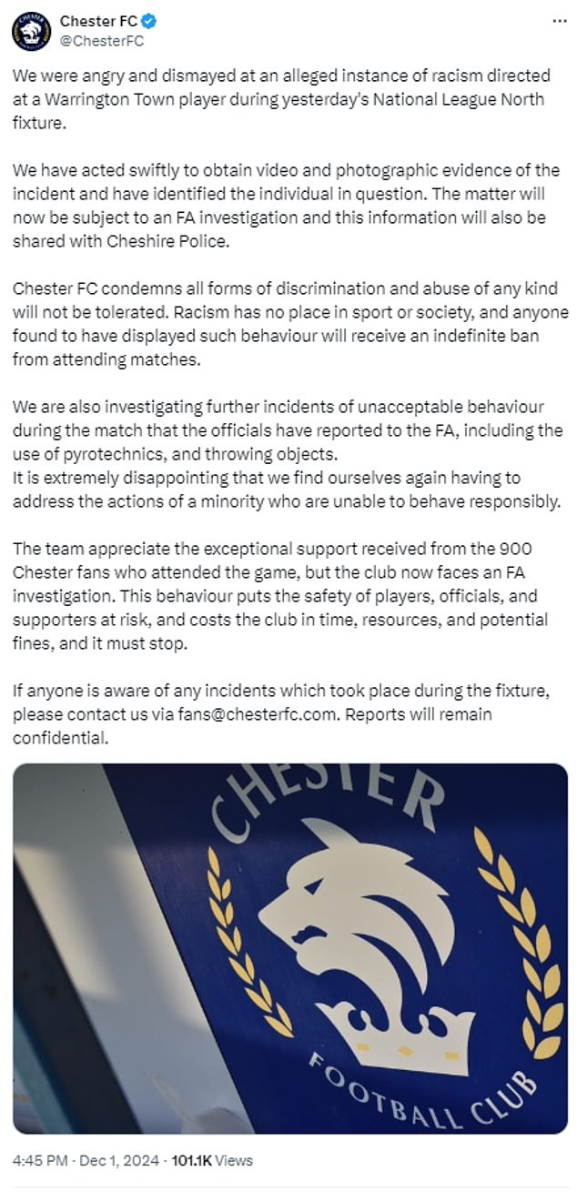 Jučerašnji početni tweet Chester FC o incidentu navodnog rasizma