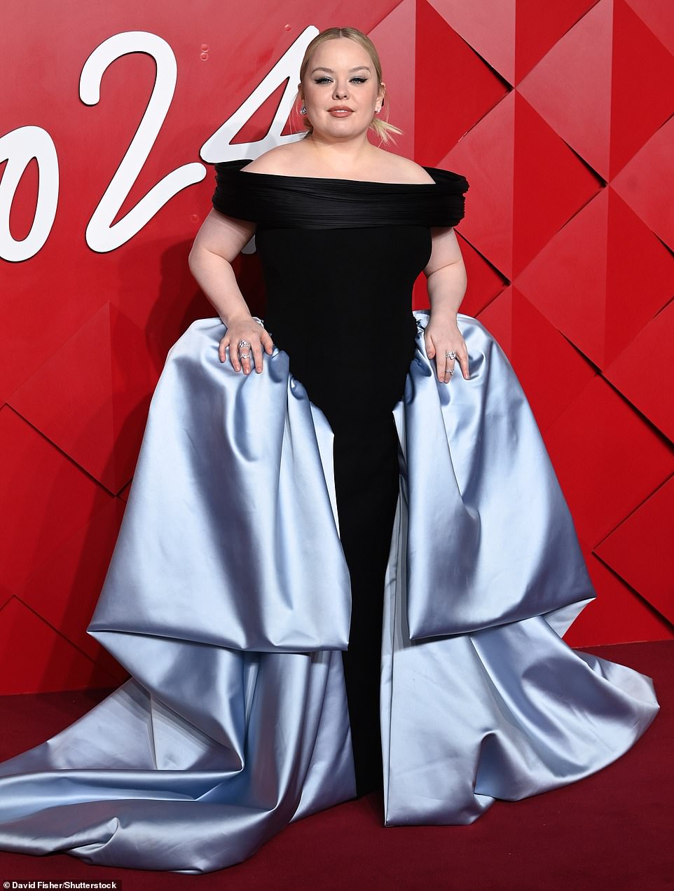 Nicola Coughlan made an entrance in an off the shoulder black dress with a dramatic pale blue silk skirt