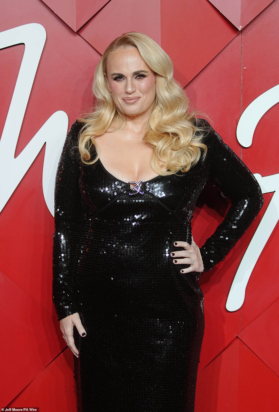 Rebel Wilson kept it simple in a sparkly black sequined long-sleeved gown from David Koma while she styled her blonde locks in voluminous curls