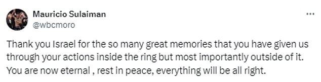 Predsjednik WBC-a Mauricio Sulaiman objavio je vijest na X-u, napisavši: 'Hvala Izraelu na toliko lijepih uspomena koje si nam dao'