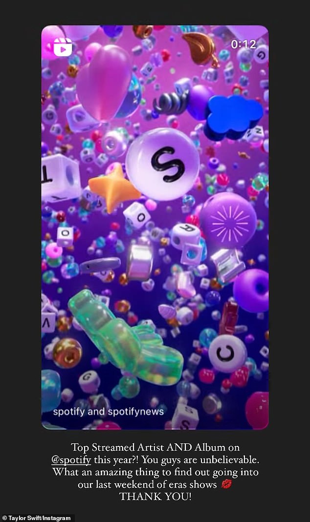 Swift je preko Instastoryja objavila: 'Najbolje strimani izvođač i album na @spotify ove godine?! Vi ste nevjerojatni. Kakva nevjerojatna stvar za saznati ulazeći u naš posljednji vikend Eras emisija. Hvala!'