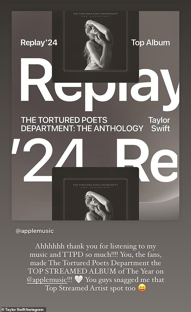 Producent koji je osvojio Emmyja također je bio na vrhu popisa Apple Musica, napisavši: 'Vi, obožavatelji, učinili ste The Tortured Poets Department najstrimanijim albumom godine na @applemusic! I vi ste mi ugrabili to mjesto izvođača na vrhu streama!'