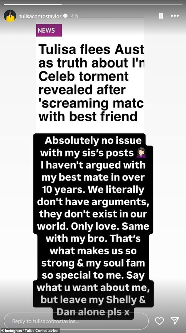 Tulisa se nedavno oglasila na društvenim mrežama nakon tvrdnji da se posvađala sa svojom najboljom prijateljicom Michelle McKenna zbog objava na društvenim mrežama koje je dijelila tijekom svog boravka u džungli