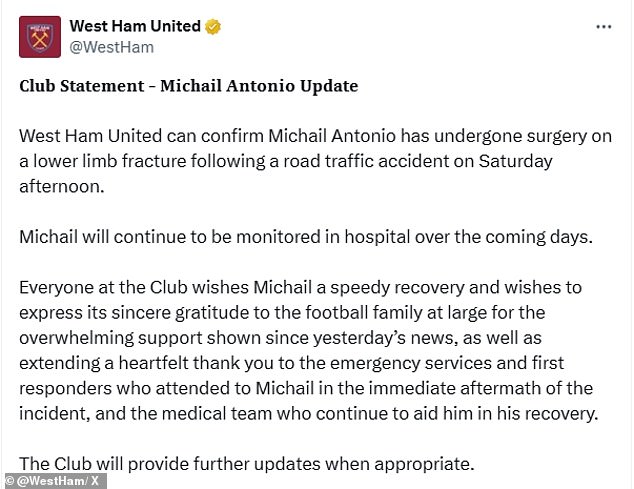 West Ham je u nedjelju poslijepodne objavio izjavu kojom potvrđuje da je Antonio operiran