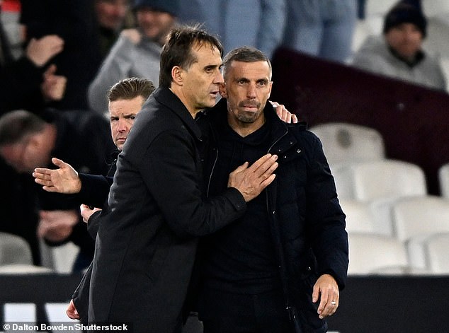 Fortunately for Lopetegui (left), his West Ham won 2-1 against Gary O'Neil (right) and Wolves