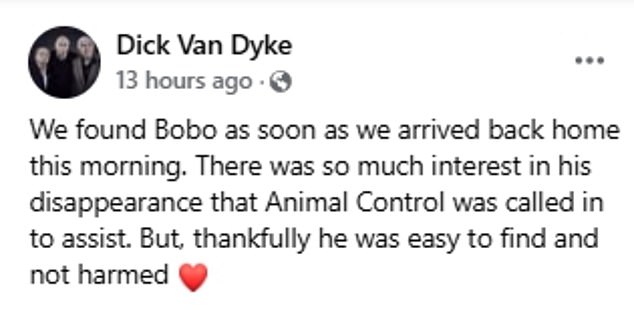 Van Dyke je na Facebooku objavio da je Bobo pronađen u srijedu i podijelio fotografiju nezadovoljne mačke dok se ponovno ujedinjuje sa svojom obitelji