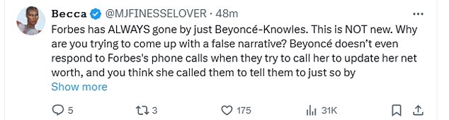 Drugi su branili zvijezdu rekavši: 'Forbes je UVIJEK bio samo Beyoncé-Knowles. Ovo NIJE novo. Zašto pokušavate smisliti lažnu priču?'