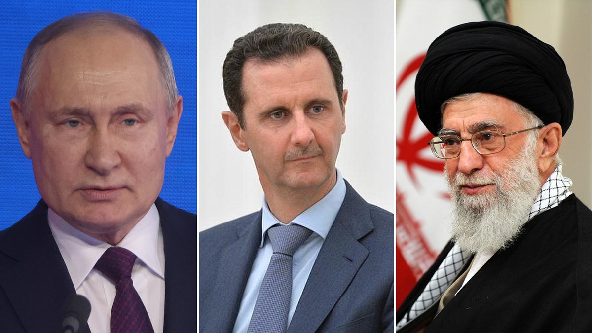 Ruski predsjednik Vladimir Putin (lijevo), sirijski predsjednik Bashar al-Assad (u sredini), iranski vrhovni vođa ajatolah Ali Khamenei (desno).