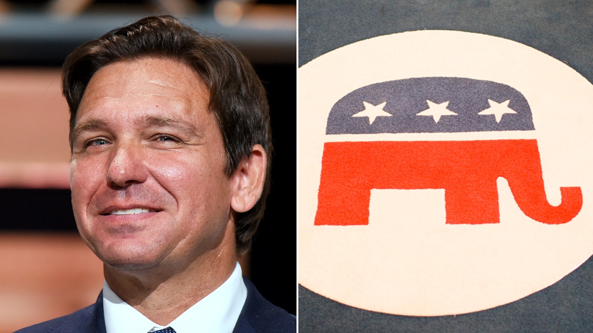 Lijevo: Guverner Floride Ron DeSantis; Desno: GOP simbol