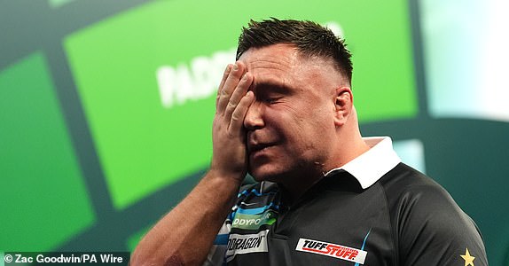 Gerwyn Price reacts after winning his fourth round match against Jonny Clayton (not pictured) on day twelve of the Paddy Power World Darts Championship at Alexandra Palace, London. Picture date: Sunday December 29, 2024. PA Photo. See PA story DARTS World. Photo credit should read: Zac Goodwin/PA Wire.RESTRICTIONS: Use subject to restrictions. Editorial use only, no commercial use without prior consent from rights holder.