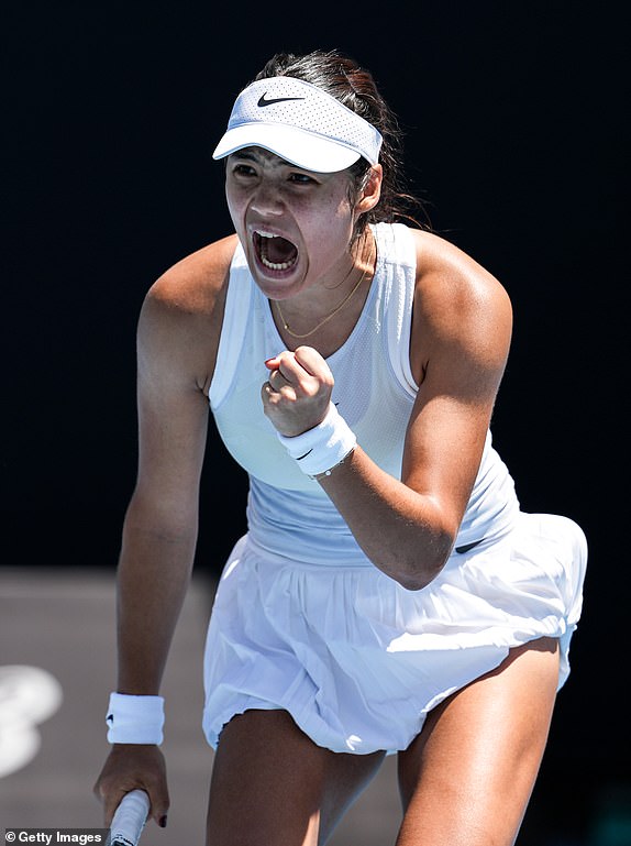 MELBOURNE, AUSTRALIA - JANUARY 14: Emma Raducanu of Great Britain reacts in the Women's Singles First Round match against Ekaterina Alexandrova during day three of the 2025 Australian Open at Melbourne Park on January 14, 2025 in Melbourne, Australia. (Photo by Shi Tang/Getty Images)