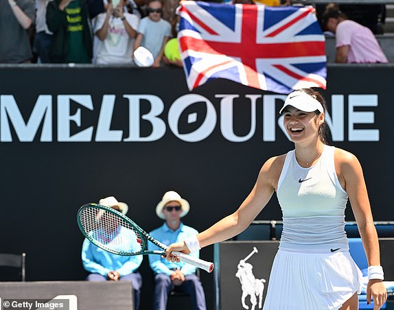 MELBOURNE, AUSTRALIA - JANUARY 14: Emma Raducanu of Great Britain after winning against Ekaterina Alexandrova in the Women's Singles First Round match during day three of the 2025 Australian Open at Melbourne Park on January 14, 2025 in Melbourne, Australia. (Photo by James D. Morgan/Getty Images)