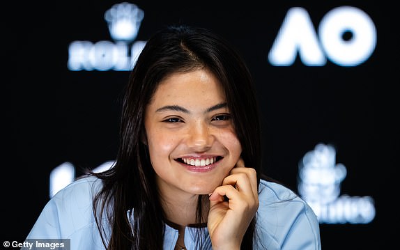 MELBOURNE, AUSTRALIA - JANUARY 14: Emma Raducanu of Great Britain talks to the media after defeating Ekaterina Alexandrova of Russia in the women's singles first round on Day 3 of the 2025 Australian Open at Melbourne Park on January 14, 2025 in Melbourne, Australia. (Photo by Robert Prange/Getty Images)