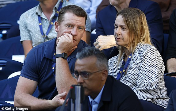 MELBOURNE, AUSTRALIA - JANUARY 14: Australian Rules football head coach Michael Voss (L) of Carlton is seen during the Men's Singles First Round between Botic van de Zandschulp of the Netherlands and Alex de Minaur of Australia during day three of the 2025 Australian Open at Melbourne Park on January 14, 2025 in Melbourne, Australia. (Photo by Darrian Traynor/Getty Images)