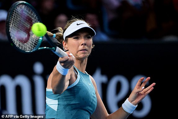 Britain's Katie Boulter hits a return against Russia's Veronika Kudermetova during their women's singles match on day five of the Australian Open tennis tournament in Melbourne on January 16, 2025. (Photo by Yuichi YAMAZAKI / AFP) / -- IMAGE RESTRICTED TO EDITORIAL USE - STRICTLY NO COMMERCIAL USE -- (Photo by YUICHI YAMAZAKI/AFP via Getty Images)