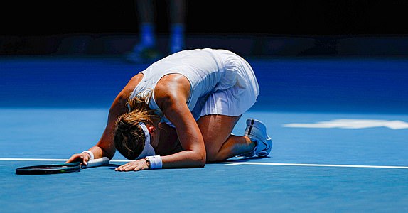 Alamy Live News. 2S853DW Melbourne, Australia. 21st Jan, 2025. Paula Badosa celebrates after winning the women's singles quarterfinals match between Coco Gauff of the United States and Paula Badosa of Spain at the Australian Open tennis tournament in Melbourne, Australia, Jan. 21, 2025. Credit: Chu Chen/Xinhua/Alamy Live News This is an Alamy Live News image and may not be part of your current Alamy deal . If you are unsure, please contact our sales team to check.