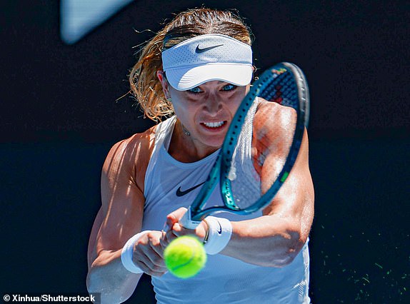 Mandatory Credit: Photo by Xinhua/Shutterstock (15110655k) Paula Badosa hits a return during the women's singles quarterfinals match between Coco Gauff of the United States and Paula Badosa of Spain at the Australian Open tennis tournament in Melbourne, Australia, Jan. 21, 2025. Australia Melbourne Tennis Australian Open Day 10 - 21 Jan 2025